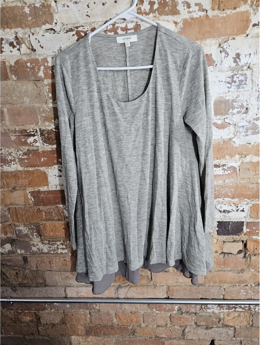 Umgee USA M Gray Mixed Media Chiffon Hem Long Sleeve Lagenlook Boho Tunic